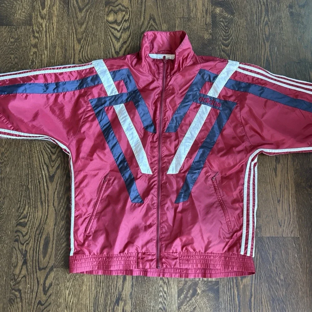 Vtg 90s Adidas Windbreaker Red Navy Geometric Retro Lined Track Baggy Jacket